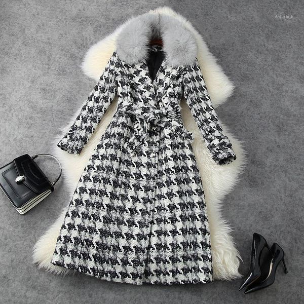 

europe style women winter overcoat 50% wool coat elegant plaid double-breasted tweed coat c6721, Black