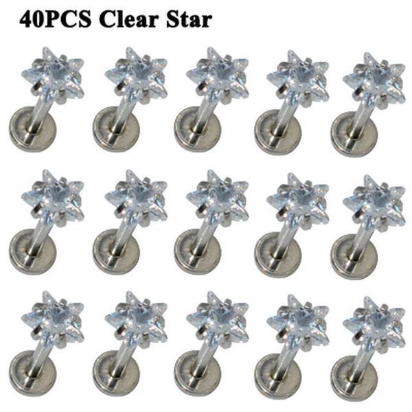 

40pcs steel crystal labret lip rings heart star round zircon orelha cartilage ear helix stud tragus barbell piercings jewelry q jllfck, Silver