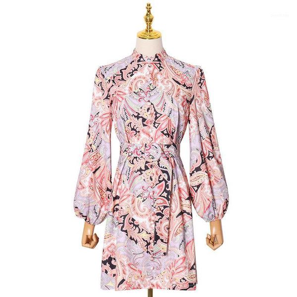 

msxu 2020 autumn and winter new women's stand-up collar puff sleeve printing single-breasted primacy thin short dress with belt1, Black;gray