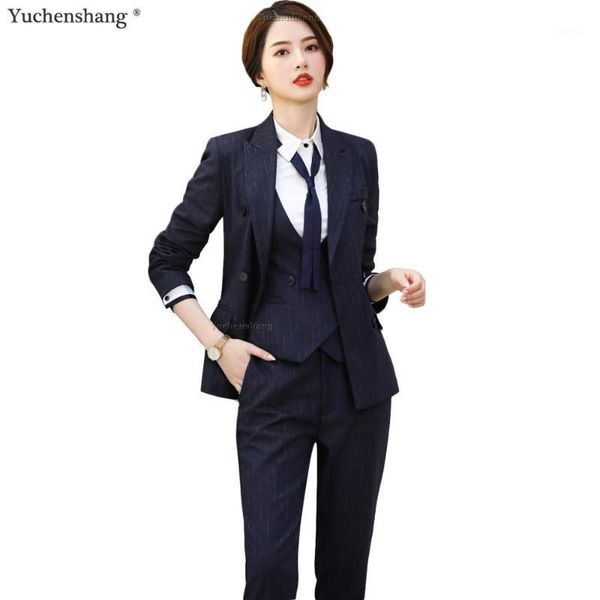 

women black blue striped pant suits for office lady formal business work wear vest blazer and pant 3 pieces set1, White;black