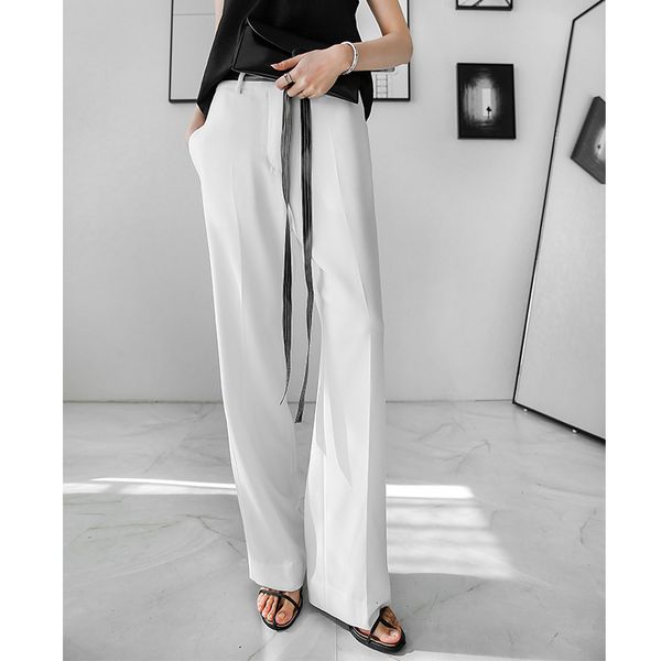 

2021 new sherhure white autumn pure color women wide legs straight fancy female pants 7t9n, Black;white
