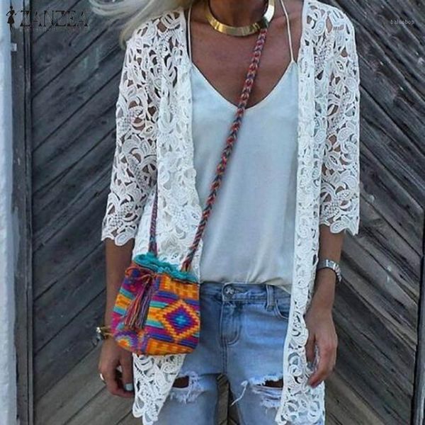 

bohemian women's blouse 2019 zanzea lace patchwork cardigan 3/4 sleeve tunic female hollow out kimono cape plus size beach 71, White
