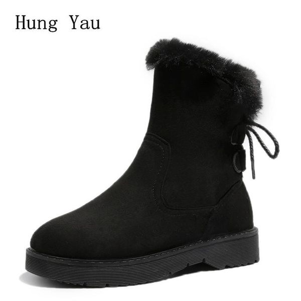 

winter women snow boots ankle warm fur short plush female casual shoes woman flat fashion lace up platform comfortable, Black