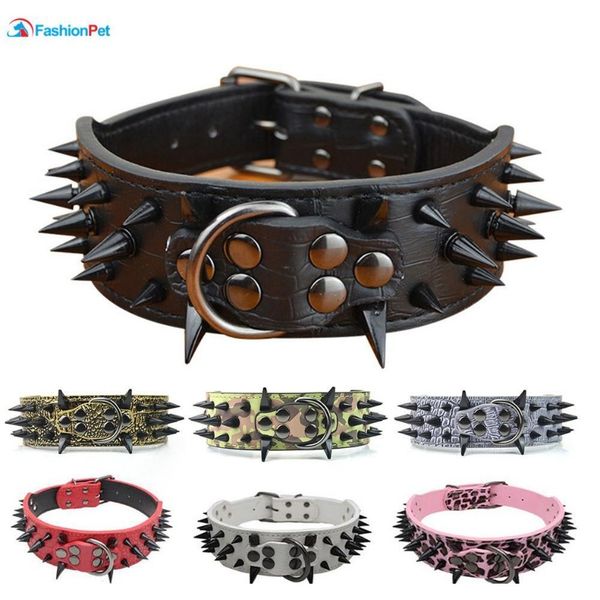 

2 "width pu leather big dog collar with black sharp spikes studded for large dog pet jllmdp eatout