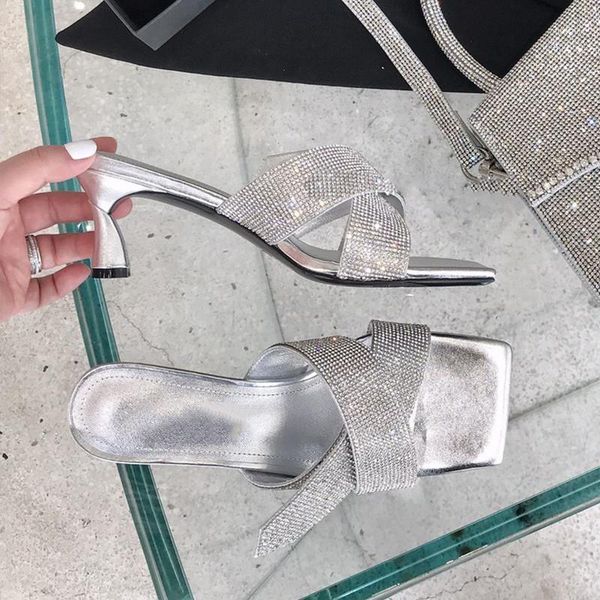 

open toe slip on women slippers siver crystal summer slides cross design leather sandals kitten heel fashion shoes1, Black