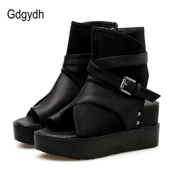 

gdgydh black women ankle boots spring autumn peep toe flat heel boots for female buckle platform wedges shoes summer comfortable y200723