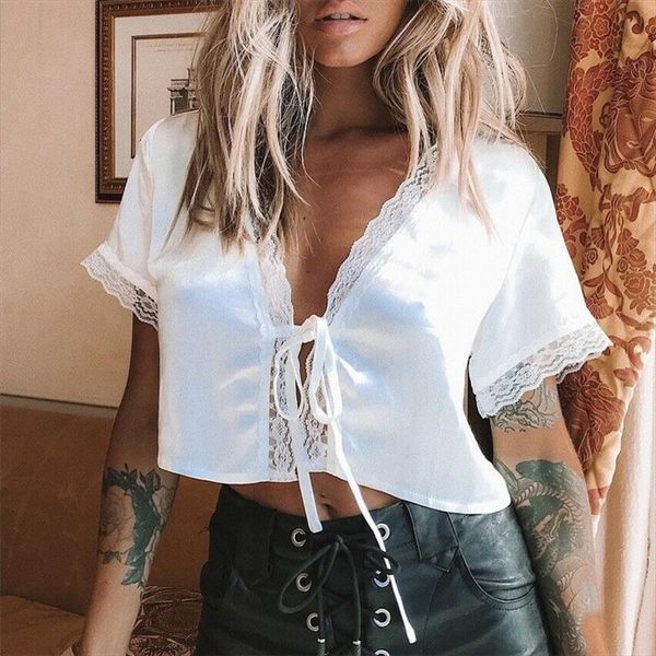 

fashion women lace crop short sleeve boho beach summer vest ladies v neck tank loose lace tee white clothing