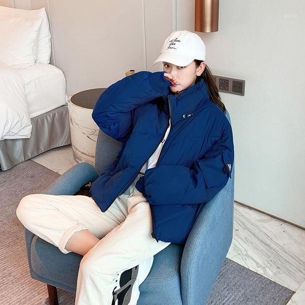 

pure color down padded jacket 2020 winter stand-up collar to keep warm korean style loose down padded jacket short coat women1, Black