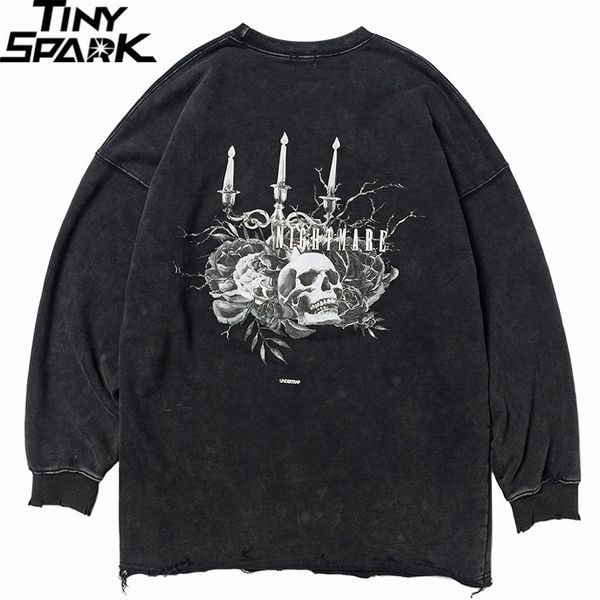 

streewear skull retro washed sweatshirt pullover mens hip hop sweatshirt ripped holes harajuku pullover cotton black hiphop 201027