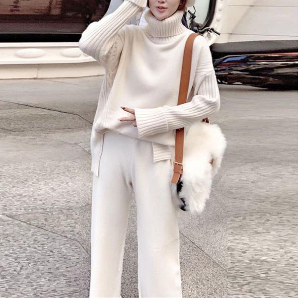 

sweater set women tracksuit spring autumn knitted suits 2 piece set warm turtleneck sweater pullovers wide legs pants1, Gray
