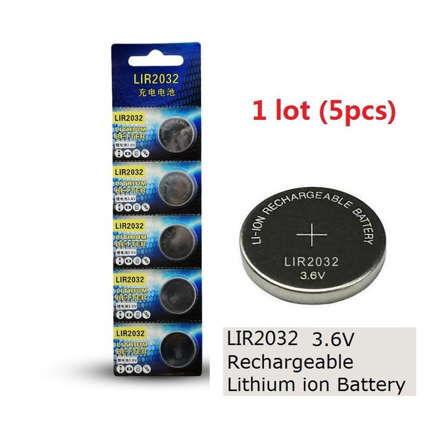 5 pcs 1 lote baterias lir2032 3.6v lítio li íon recarregável botão bateria de célula 2032 3.6 Volt Li-ion Coin CR2032