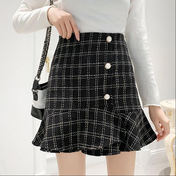 

winter plaid tweed skirts women mini pencil wool mermaid skirts korean high waist elegant tweed skirt lady vintage v733, Black