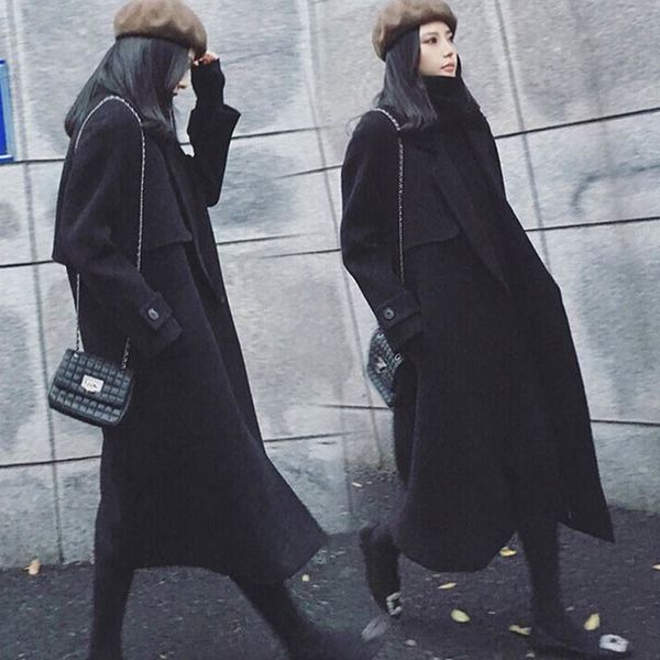 

women autumn winter lapel long sleeve longline coat slim fit long coat js24, Black
