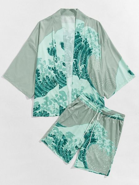 

men wave print & drawstring shorts v1le#, Gray