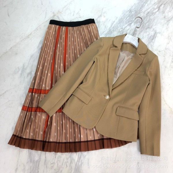 

blue 2021 spring new high-end custom closed small waist suit + oil pressure printed pleated skirt suit south dress, White