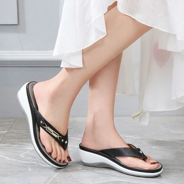 

summer women slippers metal button slides shoes wedge beach sandals women outside platform leisure flip flop dropshipping #im44, Black
