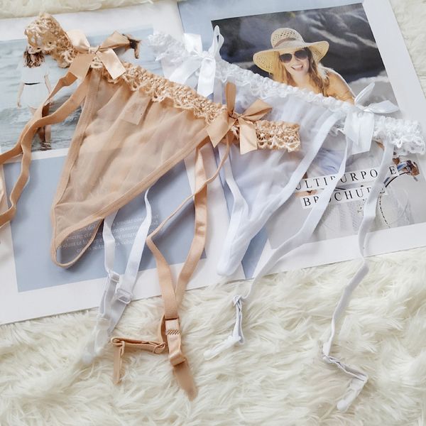 

womens lace solid thin suspender g-string garter belt stockings set lingerie bowknot wedding garter transparent panty, Black;white
