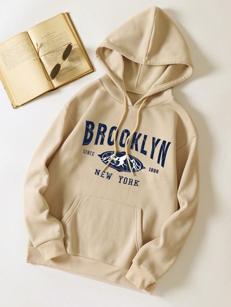 

mountain and letter graphic drawstring thermal lined hoodie 93zw#, White;black