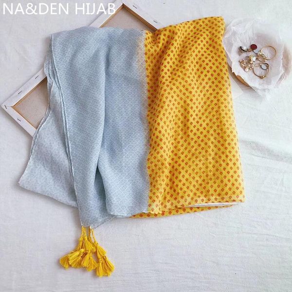 

scarves gray and yellow double color dot scarf with tassel hijab fashion ladies shawl 10pcs/lot, Blue;gray