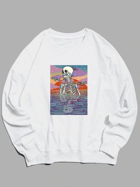 

romwe x sadskelly skeleton print sweatshirt m3d5#, Black