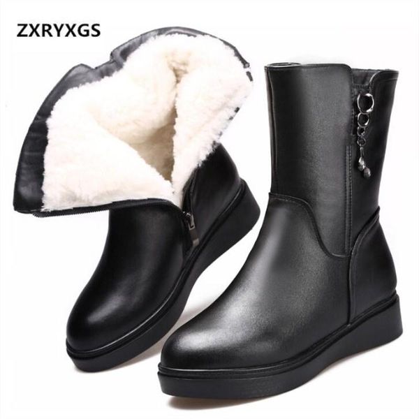 

boots zxryxgs brand shoes woman flat warm comfort wool 2021 est fashion casual cowhide leather winter snow, Black