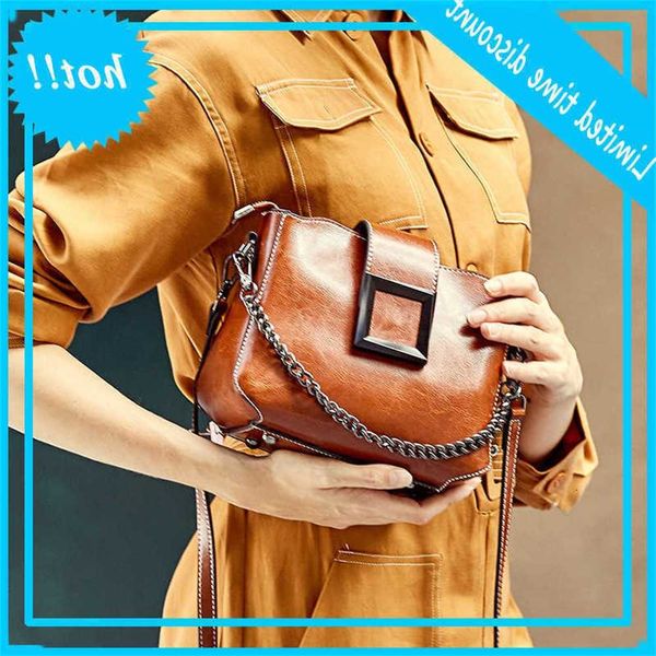 

new korean waxed cow large capacity chain buckle single shoulder messenger leather women's versatile small square bag