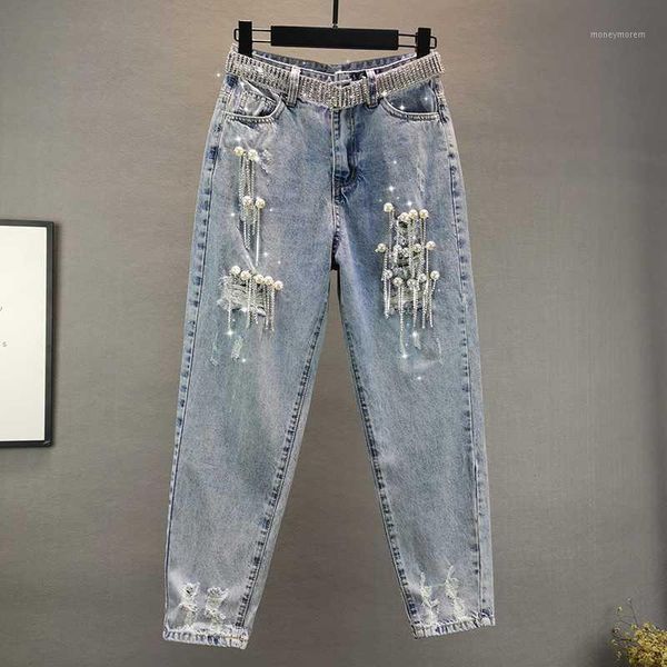 

women's jeans 2021 spring summer holes pants female industrial pearl diamond tassels loose-fit denim women jean1, Blue