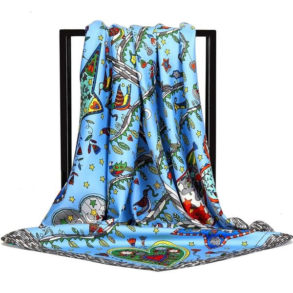 

new лето осень растительности птицы напечатанного 90сма платок foulard леди шарфы девушка волосы шарф 201027, Blue;gray