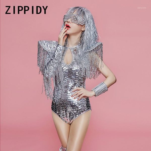 

new silver sequins shrugged tassel bodysuit stretch single sleeve prom party costume female singer dance team show bodysuits1, Black;white
