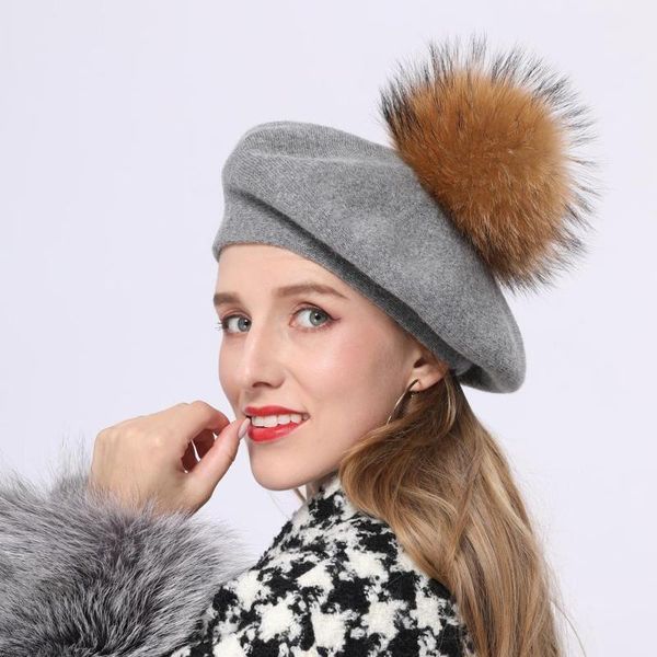 

Lady Classical Beret Wool Winter Hat With Real Raccon Fur Pompom Wholesale Fashion Beret1, Blue;gray