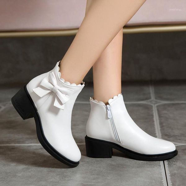 

yqbtdl 2020 autumn block heels ankle boots for women black white butterfly-knot student female chunky heel shoes ruffles party1