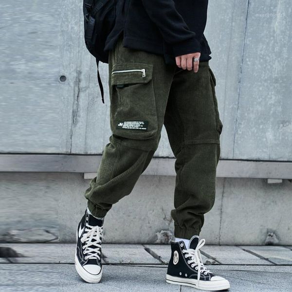 

men's pants 2021 hip hop corduroy cargo men streetwear patchwork pockets trousers mens cotton harajuku oversized joggers loose1, Black