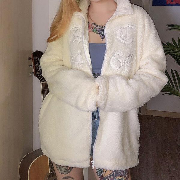 

women's fur & faux winter embroidery coat women y2k warm lamb wool shaggy teddy jacket zipper oversized casual overcoats female streetw, Black