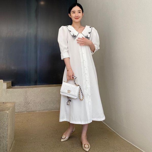 

new korean a2 loose skinny embroidered dressembroidered dress baby collar bubble sleeve dress in summer 2020 yw7kv, Black;gray
