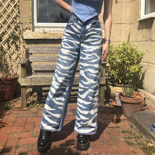 

2020 autumn and winter street fashion women's zebra-stripe print features high waist straight loose jeans streetwear women, Black;white