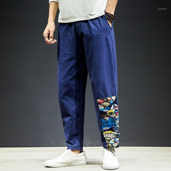 

harajuku youth men cotton and linen wide-leg baggy pants men autumn printed loose large size stitching men's hiphop harem pants1, Black