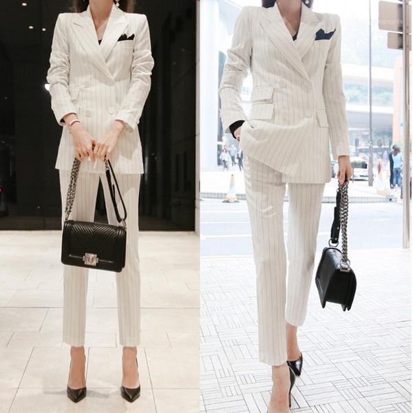 

women's temperament fashion elegant self-cultivation women pant suits double-breasted professional women's suit two-piece1, White