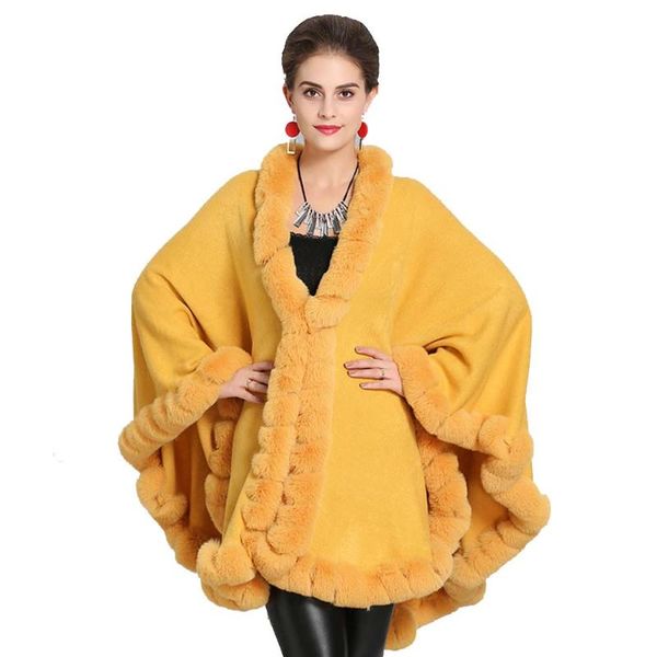 

fashionable fur collar knitted shawl coat ladies cloak, Black
