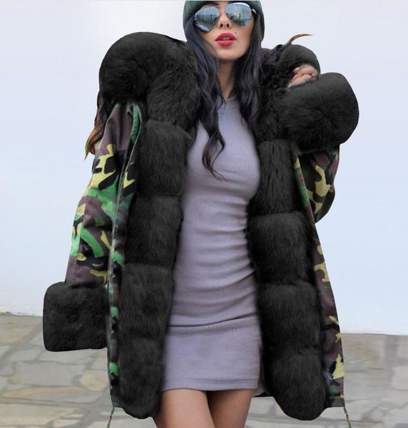 

women's down & parkas w women fashion winter warmer coat camouflage fluffy faux fur hooded warm thicken outdoor jacket ladies outwear1, Black