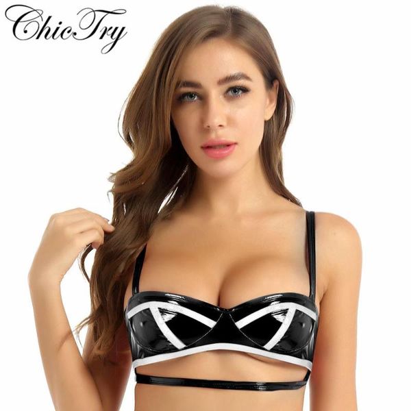 

bras fashion womens femme latex clubwear costumes pole dance club crop leather lingerie cut out underbust wire-bra, Red;black
