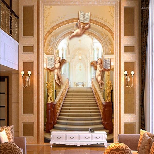 

wallpapers dropship custom mural european gold staircase angel 3d hall entrance background wall living room lobby wallpaper1