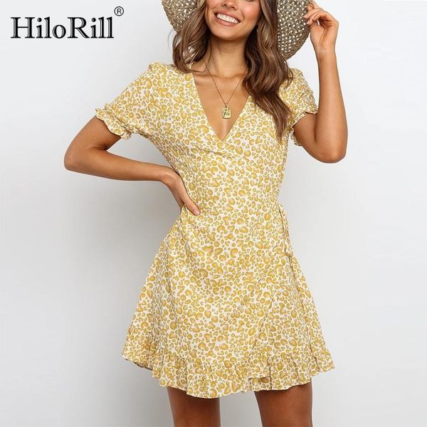 

hilorill women bohemian v neck ruffle mini dresses summer short sleeve holiday casual dress a line wrap beach dress vestidos1, Black;gray