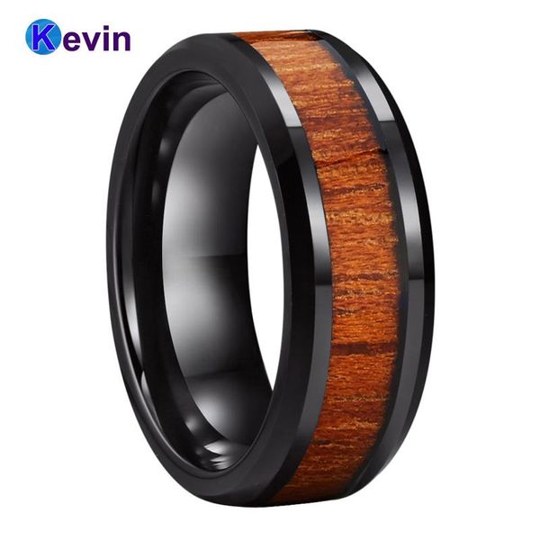 

wedding rings men women black band tungsten ring with koa wood inlay beveled polished finish 8mm comfort fit, Slivery;golden