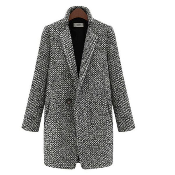

plus size s-7xl women's wool blends coat winter 2021 autumn fashion elegant double breasted plaid long woolen outerwear female, Black