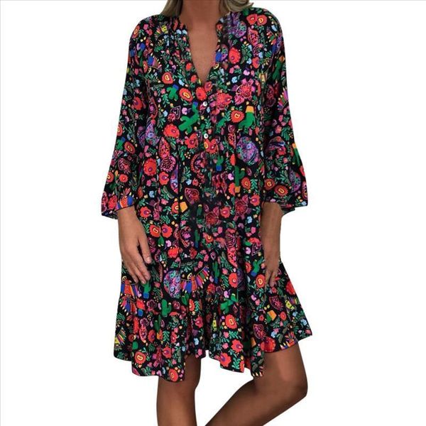 

winter autumn women ladies plus size loose print long sleeve v-collar button mini party dress vestidos de verano vestido, Black;gray