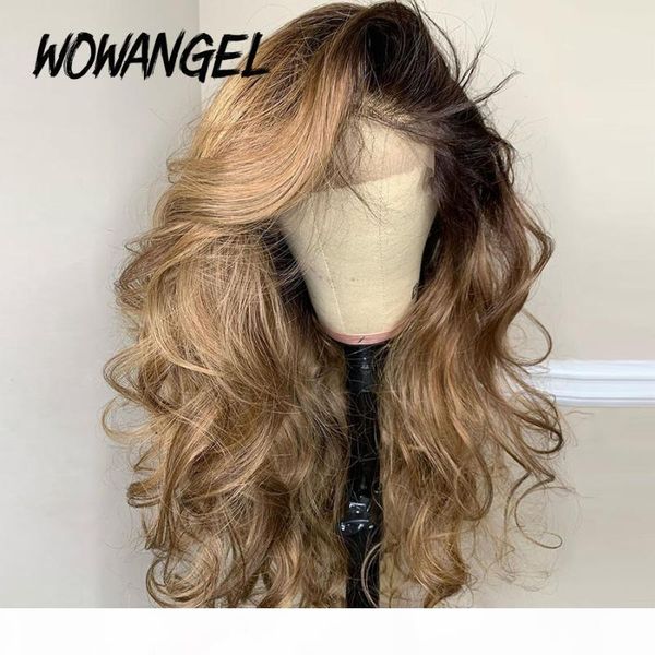 

wowangel 13x4 lace front human hair wigs 150% density brazilian remy body wave human hair pre-plucked bleached knots, Black;brown