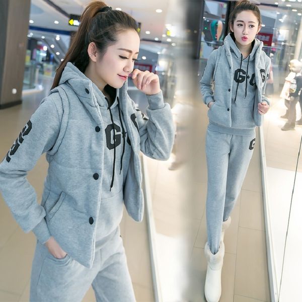 

new fashion women suit autumn and winter women's tracksuits casual set with a hood fleece sweatshirt three pieces set 201120, White