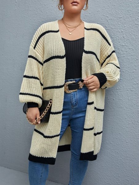 

plus striped bishop sleeve open front cardigan h4st#, Black