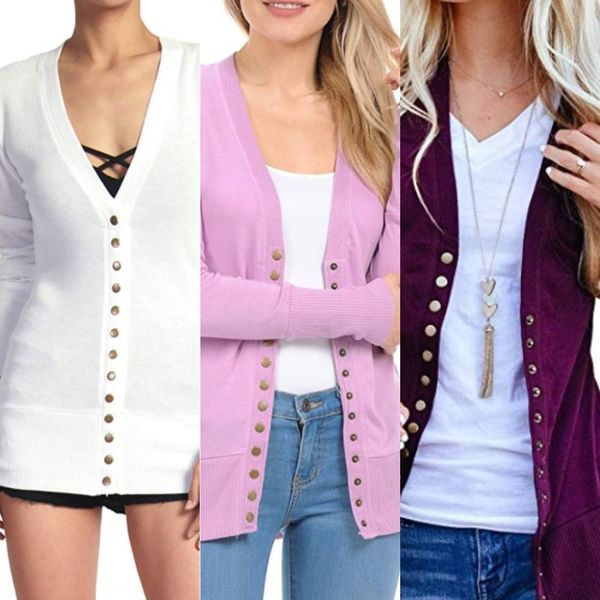 

autumn button short solid color v-neck long sleeve button cardigan pzc3r, Black