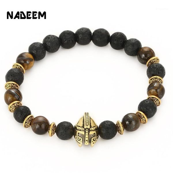 

2020 men's natural 8mm tiger eye & lava stone bead spartan helmet and crown charm elastic yoga bracelet & bangle jewelry1, Golden;silver